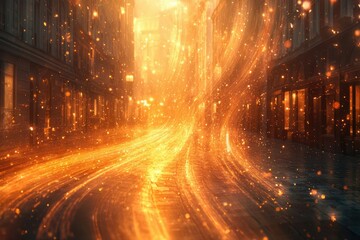 A magical, glowing city street at night, with swirling light trails and sparkling particles.