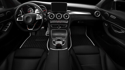 Luxury car interior. Steering wheel, shift lever and dashboard. black leather interior with black...