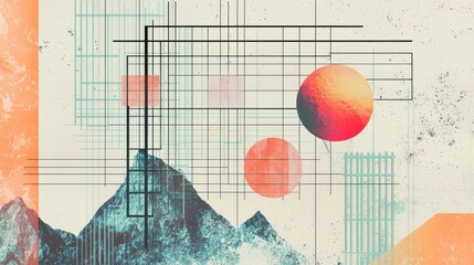 Abstract Geometric Composition with Mountains and Celestial Bodies