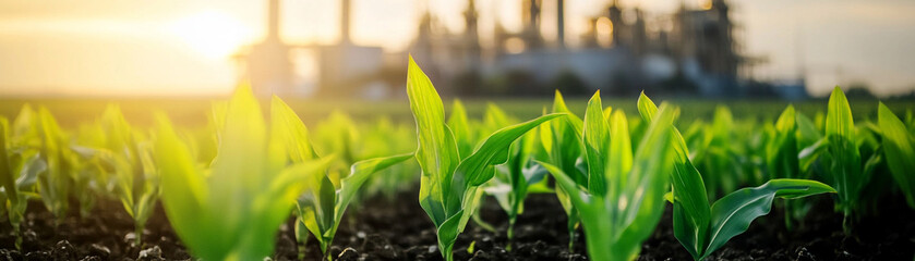 Fototapeta premium Fresh green plants growing in soil with an industrial background during sunrise.