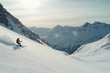 Skiing down a snowy mountain slope with stunning alpine views in bright daylight