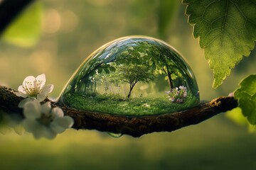 Enchanting nature scene within a crystal globe with blossoms and leaves
