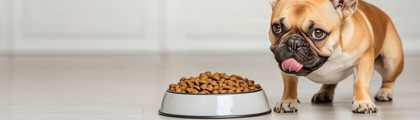 Obraz premium A cute French Bulldog curiously approaches a bowl filled with dog food on a clean floor.