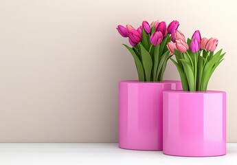 Pink tulips in glossy pink cylindrical vases against a beige wall. Simple, elegant springtime floral arrangement. Perfect for home decor or greeting