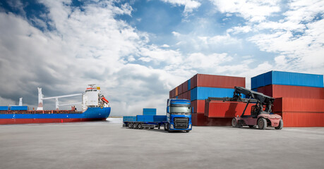 A blue and red container ship is docked next to a large blue truck