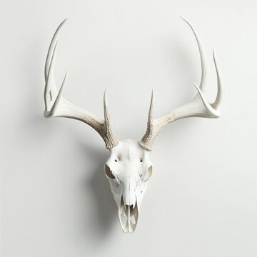 Deer skull isolated on white background,  mounted to the wall in style of a hunting trophy