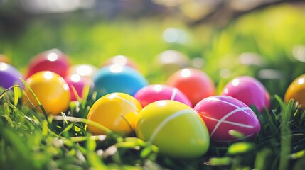 Vibrant Easter Celebration: Close-Up of Colorful Painted Eggs, Egg Hunt Background, Festive Decorations, Holiday Spirit