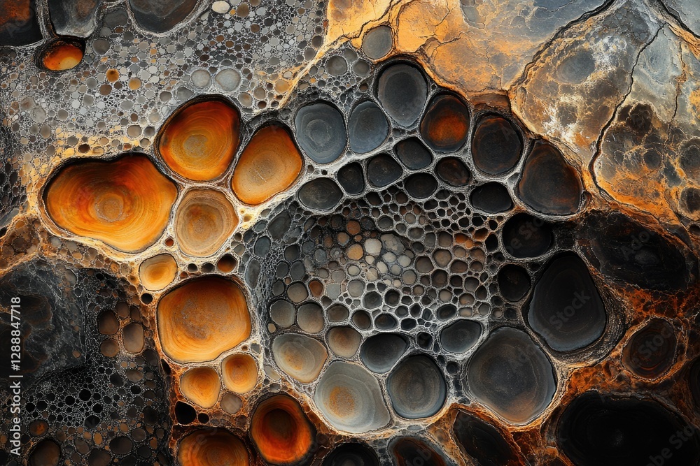 Poster abstract artwork featuring a mesmerizing pattern of interconnected, organic shapes in shades of oran
