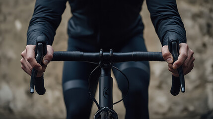 A close-up shot of a cyclist's hands gripping drop handlebars, wearing a black windbreaker