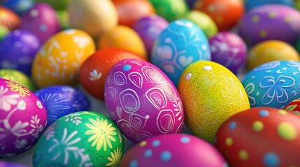 Vibrant Easter Celebration: Close-Up of Colorful Painted Eggs, Egg Hunt Background, Festive Decorations, Holiday Spirit