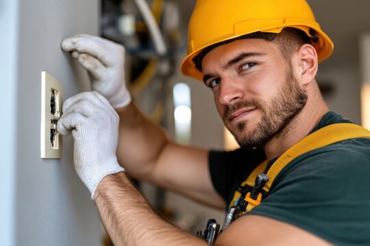 This photograph showcases an electrician attentively connecting a wall switch, emphasizing the importance of safety and functionality in home electrical work.