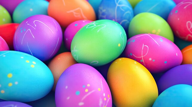 Vibrant Easter Celebration: Close-Up of Colorful Painted Eggs, Egg Hunt Background, Festive Decorations, Holiday Spirit