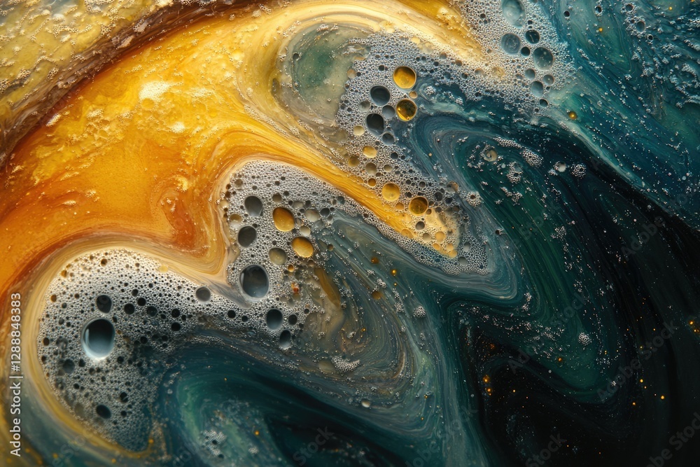 Poster abstract swirls of gold, teal, and gray paint mixed with foam create a mesmerizing cosmic-like textu