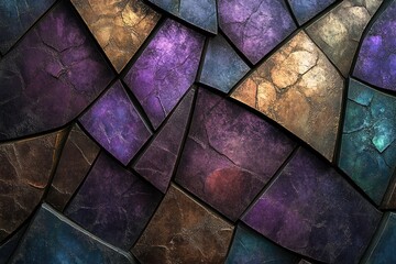 Abstract image of a mosaic of dark, textured, polygonal stone tiles in purple, brown, and blue hues.