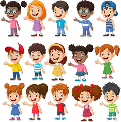 Cartoon collection of multiethnic kids presenting