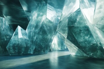 A mesmerizing crystalline cavern with teal, translucent walls and a smooth floor reflecting light.