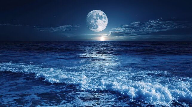 A radiant full moon hovers above Earth, casting neon-blue reflections on the ocean waves