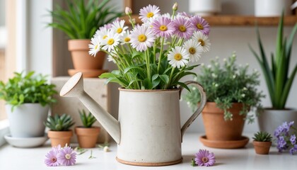 ceramic watering can with white and lilac daisies, elegant floral arrangement, indoor garden decor, blooming flowers in cozy home setting, rustic botanical still life