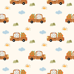 Rabbit drive truck carrot cartoon so cute. On sun mountain cloud background. Pattern seamless vector illustration. 