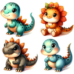 Naklejka premium Watercolor clipart set of cute baby dino. Watercolor clipart illustration isolated on a white background