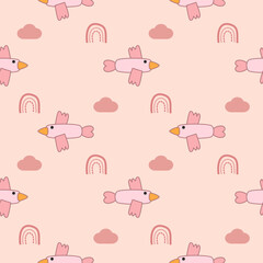Bird pink cartoon so cute. On cloud rainbow pink background. Pattern seamless vector illustration. 