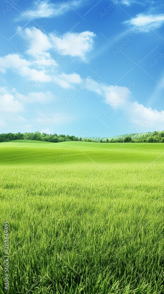 Poster green grass field landscape under blue sky with clouds covering rolling hills with trees in the back