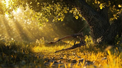 Wooden crossbow rests near tree, golden sunlight.