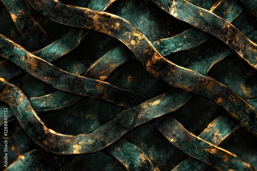 Aufkleber intricate woven pattern of dark teal and gold metallic strips, creating a luxurious and textured bac