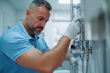 An experienced technician is adjusting plumbing equipment, demonstrating skill and knowledge essential for efficient water management in a well-equipped technical workspace.