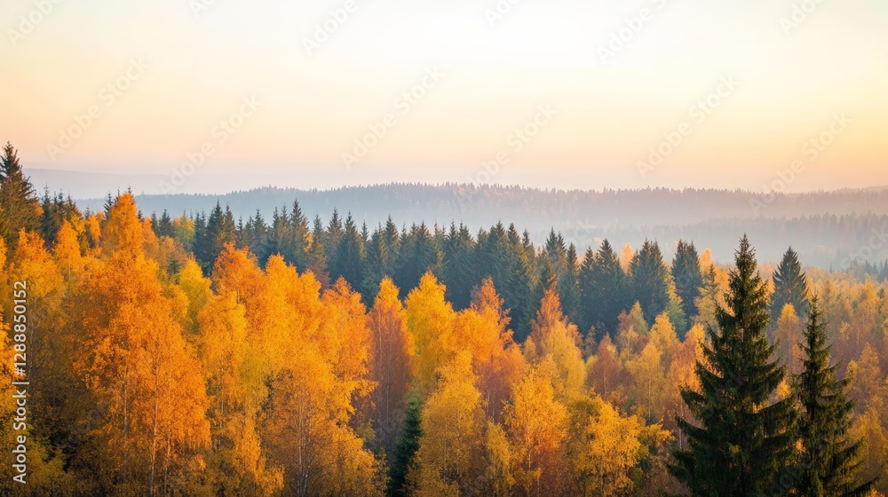 Poster stunning panoramic view of a mixed coniferous and deciduous forest during an autumn sunset, featurin