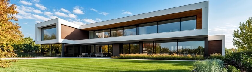 Modern duplex exterior with clean geometric lines, manicured lawn, and blue sky, ideal for real estate marketing visuals