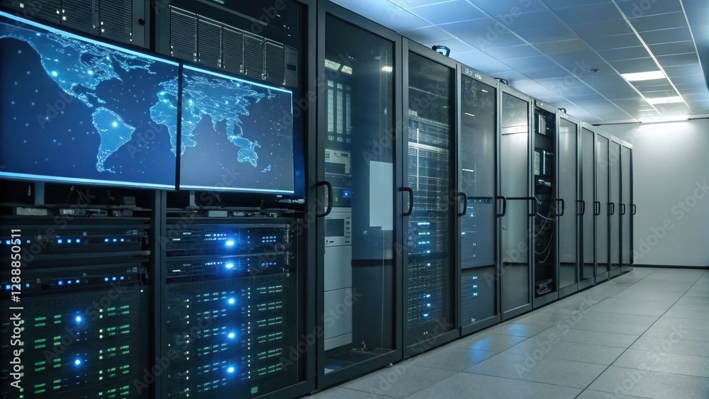 Fototapete Modern Data Center: Rows of powerful servers hum with activity in a state-of-the-art data center, illuminated by the glow of screens displaying global network maps.