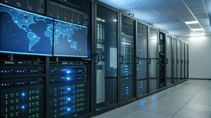 Modern Data Center: Rows of powerful servers hum with activity in a state-of-the-art data center, illuminated by the glow of screens displaying global network maps.
