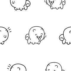 Cute kawaii pomeranian dog. Seamless pattern. Coloring Page. Cartoon character. Vector drawing. Design ornaments.