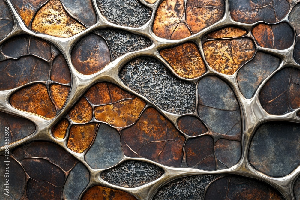 Poster abstract metallic artwork showcasing a network of silver veins traversing textured, rusty-gold and g