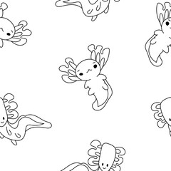 Cute axolotl character. Seamless pattern. Coloring Page. Kawaii ambystoma amphibian different poses. Vector drawing. Design ornaments.