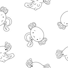 Cute axolotl character. Seamless pattern. Coloring Page. Kawaii ambystoma amphibian different poses. Vector drawing. Design ornaments.