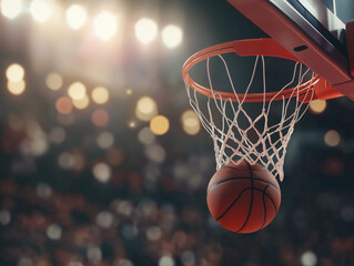 Fototapeta premium A basketball hitting the backboard and dropping through the hoop