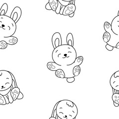 Cute rabbit character. Seamless pattern. Coloring Page. Kawaii cartoon hare. Vector drawing. Design ornaments.