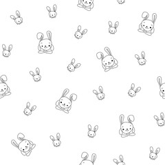 Cute rabbit character. Seamless pattern. Coloring Page. Kawaii cartoon hare. Vector drawing. Design ornaments.