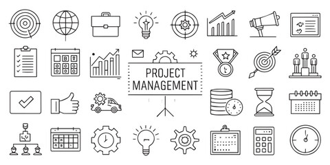 Project Management Line Icons – 30 Editable Stroke Outline Icons for Planning, Development, and Strategy

