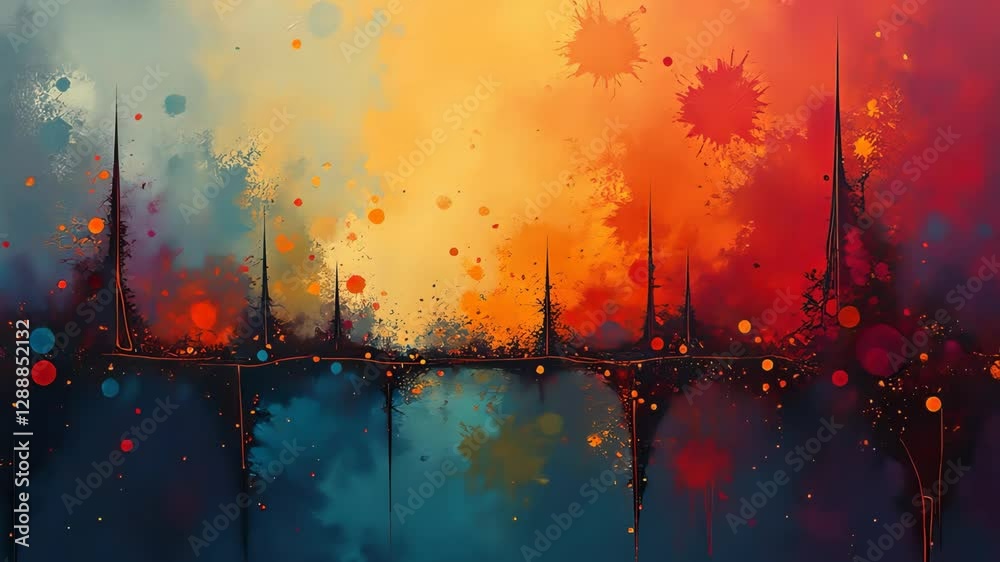 Poster a colorful painting with a blue line in the middle. the line is surrounded by a red and yellow backg