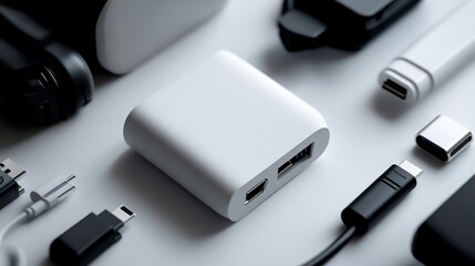 Modern Tech Accessories: A Close-Up of USB-C Hub, Cables, and Gadgets