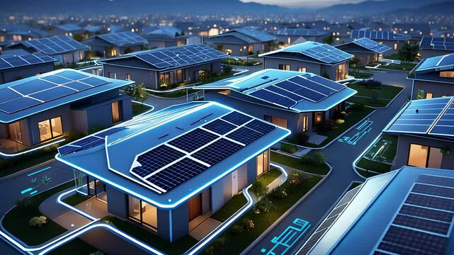 Aerial View of a Smart Eco-Friendly Neighborhood with Solar Panels on Roofs and Digital Energy Grid

