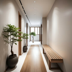 Serene Zen-Inspired Hallway: A long, uncluttered hallway with a single wooden bench and a narrow indoor plant.