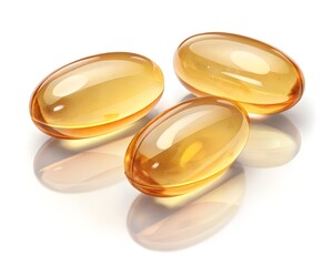 Falling Fish oil pill, omega 3, isolated on white background, clipping path, full depth of field, Golden Softgel Capsules - Fish Oil, Omega-3, or Vitamin Supplement, 
