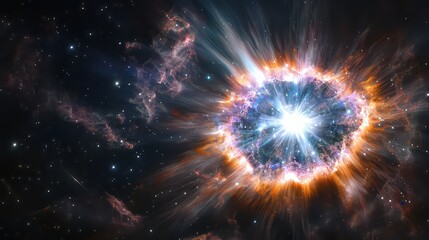 A radiant supernova explosion visible from the moons surface, illuminating the entire galaxy
