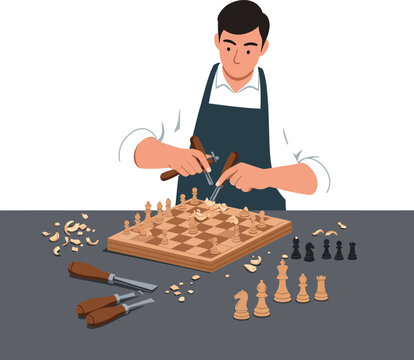 Craftsman skillfully carving chess pieces while focused on intricate details of the board