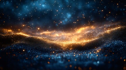 Golden particles flowing over dark blue glitter landscape