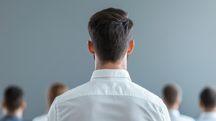Leadership development training confidence concept. A man in a white shirt stands with his back to the viewer, facing a group of indistinct figures in a professional setting.